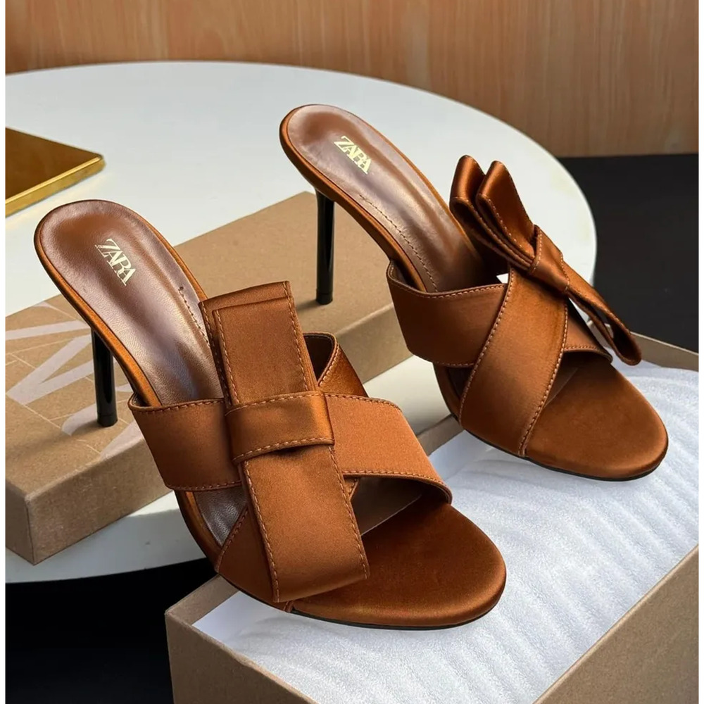 ZARA Satin Brown Heels NWT | Crossover Strap with Bow Detail - Picture 3 of 16